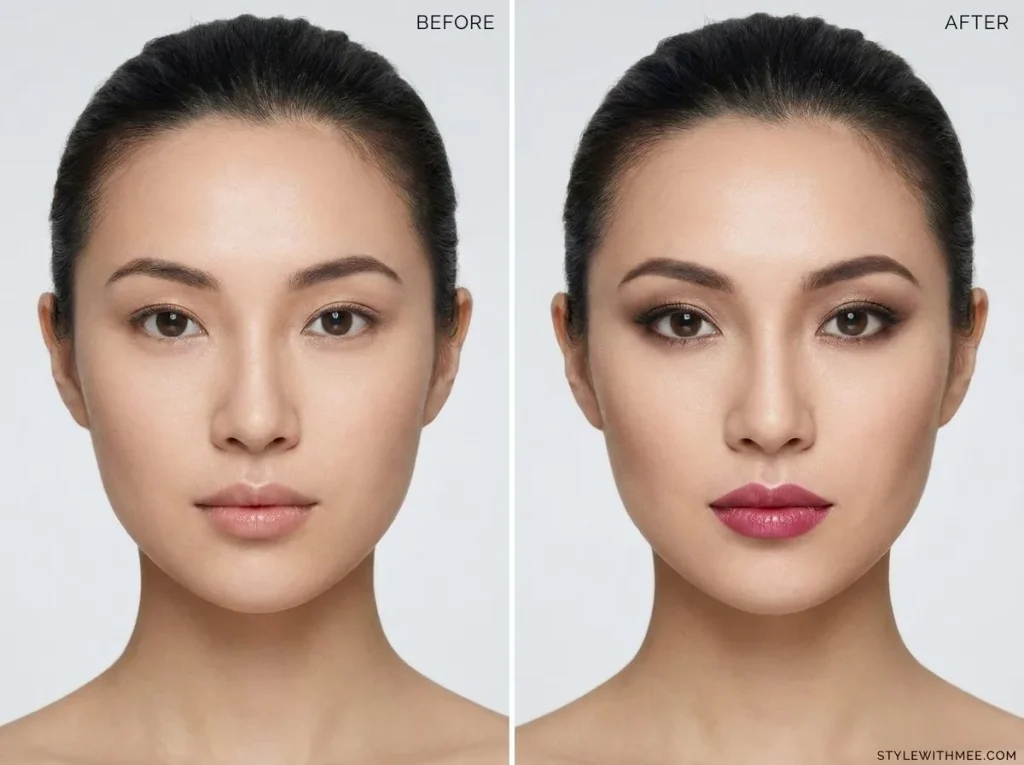 "oval face before and after makeup transformation"