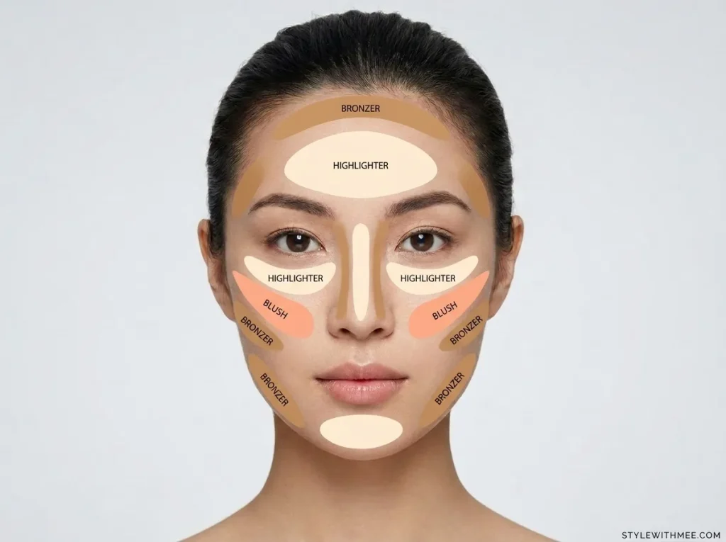 blush and concelar placment for ovel face 
